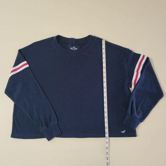 Hollister Navy Waffle-knit Long Sleeve Boyfriend Crop Crew with Varsity Stripes - Picture 7 of 16